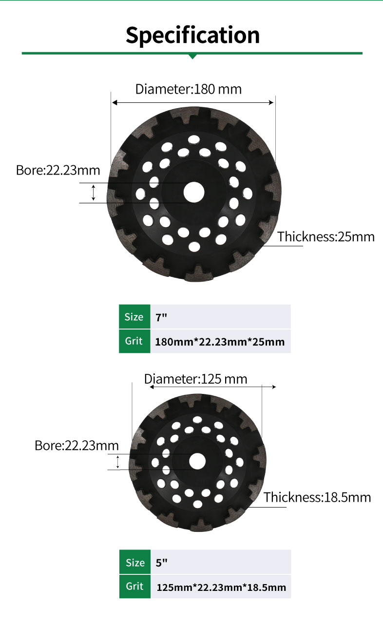 Specification of ZL-33 T segment abrasive cup grinding wheel for concrete floor