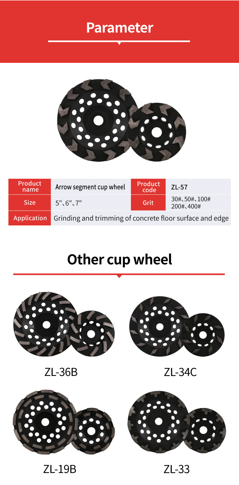 parameter of ZL-57 Arrow Segment Cup Wheels For Concrete Floor Grinding