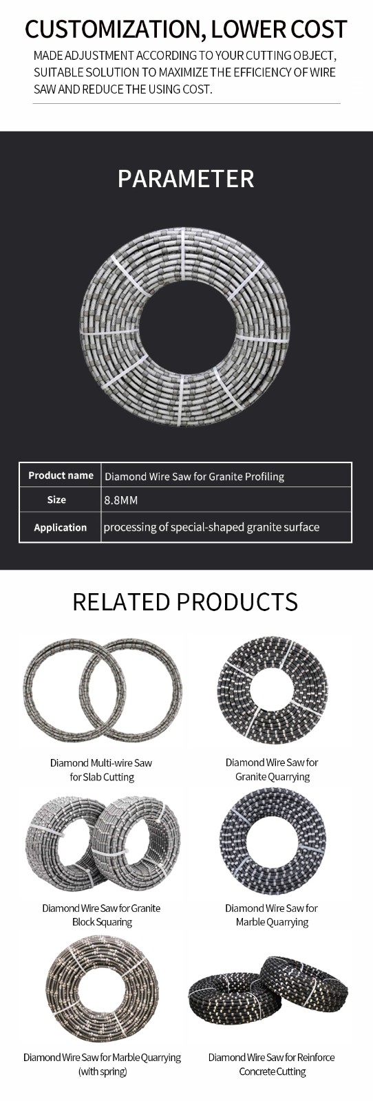 ZL-WS001 8.8mm High Efficiency Diamond Wire Saw for Granite Profiling 